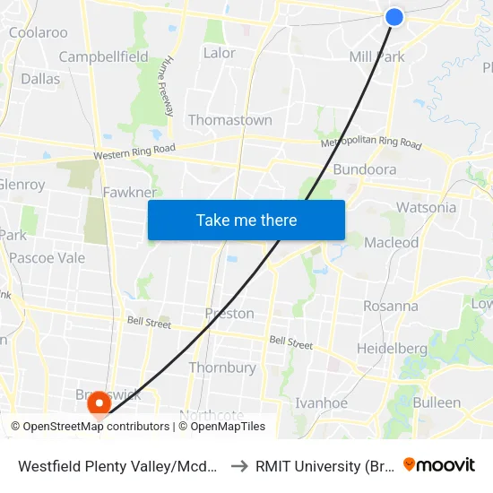 Westfield Plenty Valley/Mcdonalds Rd to RMIT University (Brunswick Campus) map