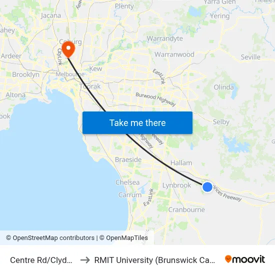 Centre Rd/Clyde Rd to RMIT University (Brunswick Campus) map