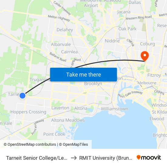 Tarneit Senior College/Leakes Rd (Tarneit) to RMIT University (Brunswick Campus) map