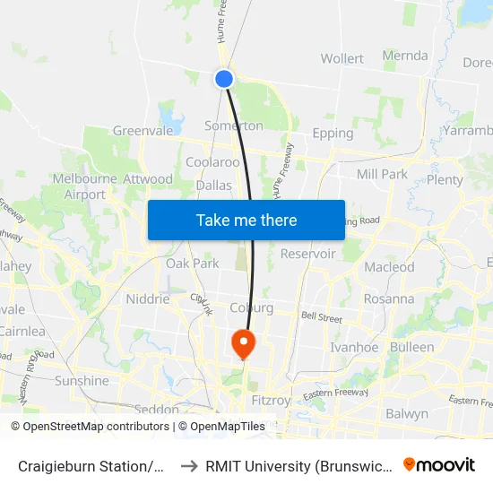 Craigieburn Station/Walters St to RMIT University (Brunswick Campus) map