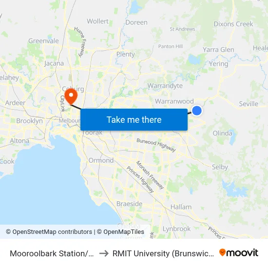 Mooroolbark Station/Brice Ave to RMIT University (Brunswick Campus) map