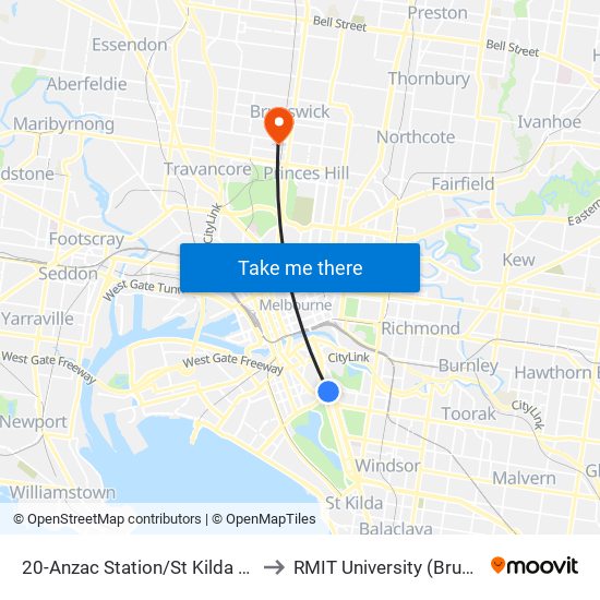 20-Anzac Station/St Kilda Rd (Melbourne City) to RMIT University (Brunswick Campus) map