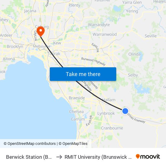 Berwick Station (Berwick) to RMIT University (Brunswick Campus) map