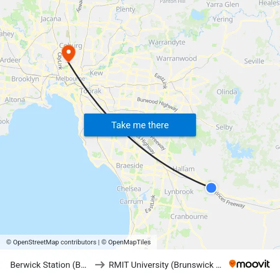 Berwick Station to RMIT University (Brunswick Campus) map