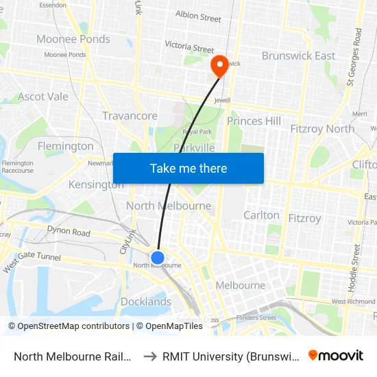North Melbourne Railway Station to RMIT University (Brunswick Campus) map