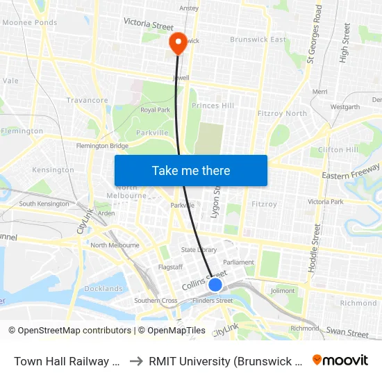 Town Hall Railway Station to RMIT University (Brunswick Campus) map