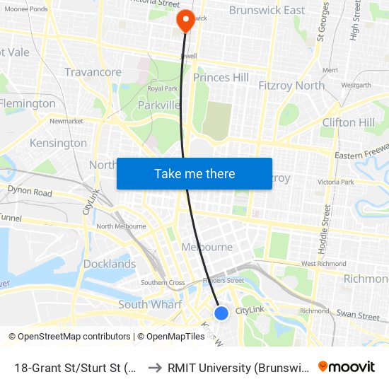 18-Grant St/Sturt St (Southbank) to RMIT University (Brunswick Campus) map