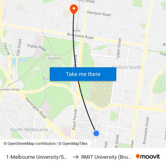 1-Melbourne University/Swanston St (Carlton) to RMIT University (Brunswick Campus) map