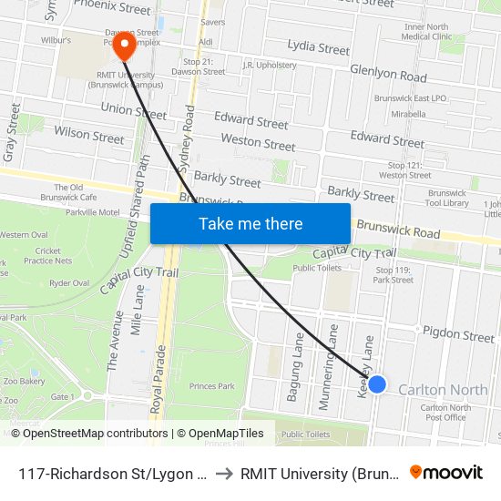 117-Richardson St/Lygon St (Carlton North) to RMIT University (Brunswick Campus) map