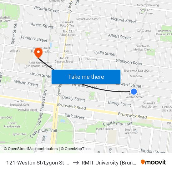 121-Weston St/Lygon St (Brunswick East) to RMIT University (Brunswick Campus) map