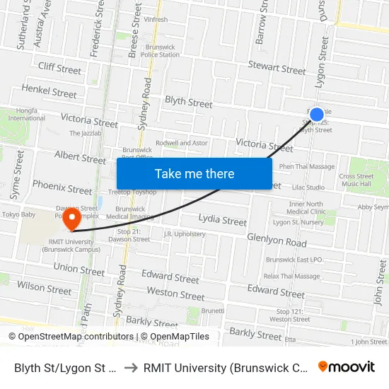 Blyth St/Lygon St #125 to RMIT University (Brunswick Campus) map