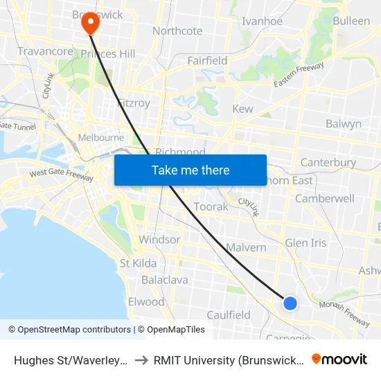 Hughes St/Waverley Rd #63 to RMIT University (Brunswick Campus) map