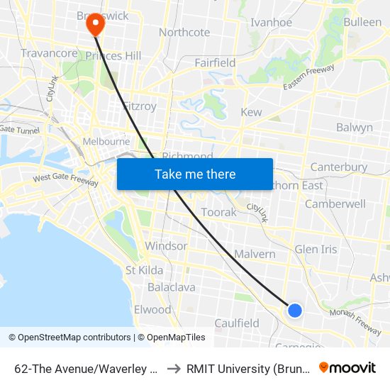 62-The Avenue/Waverley Rd (Malvern East) to RMIT University (Brunswick Campus) map