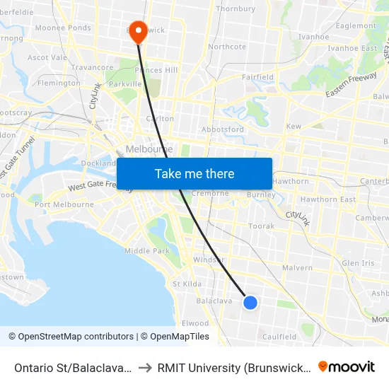 Ontario St/Balaclava Rd #44 to RMIT University (Brunswick Campus) map