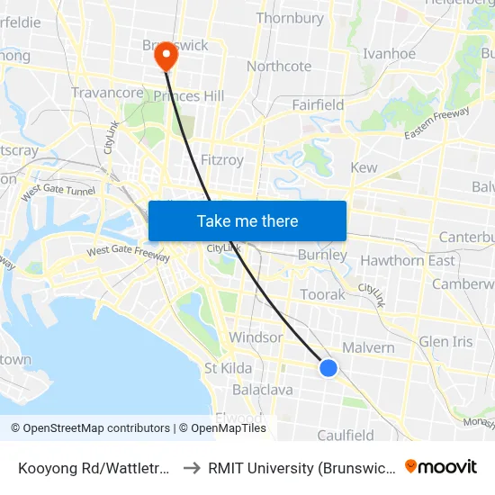 Kooyong Rd/Wattletree Rd #42 to RMIT University (Brunswick Campus) map
