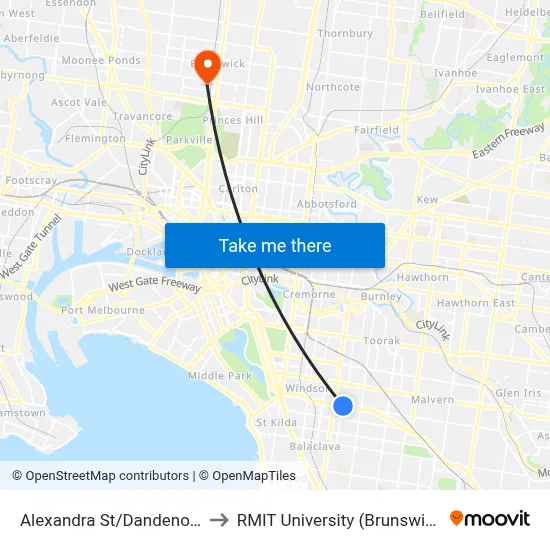 Alexandra St/Dandenong Rd #36 to RMIT University (Brunswick Campus) map