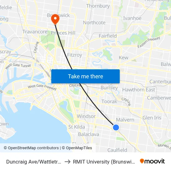 Duncraig Ave/Wattletree Rd #44 to RMIT University (Brunswick Campus) map