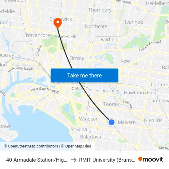 Armadale Station/High St #40 to RMIT University (Brunswick Campus) map
