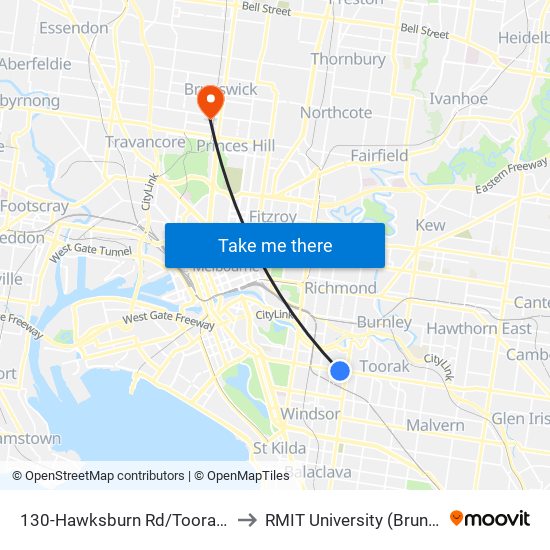 130-Hawksburn Rd/Toorak Rd (South Yarra) to RMIT University (Brunswick Campus) map