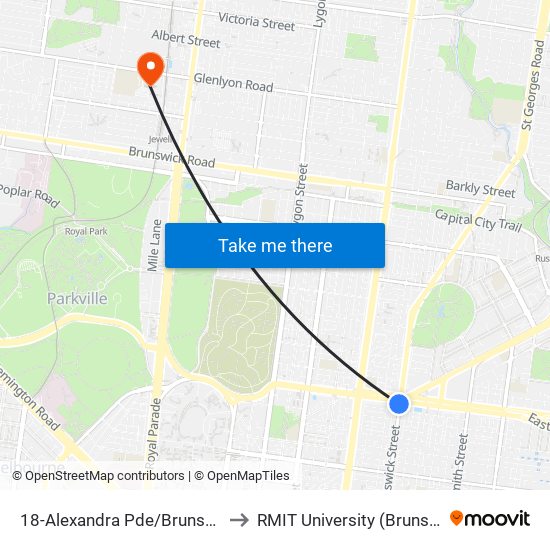 18-Alexandra Pde/Brunswick St (Fitzroy) to RMIT University (Brunswick Campus) map