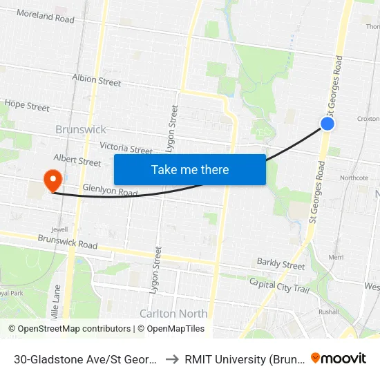 Gladstone Ave/St Georges Rd #30 to RMIT University (Brunswick Campus) map