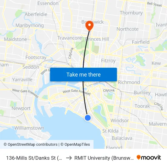 Mills St/Danks St #136 to RMIT University (Brunswick Campus) map