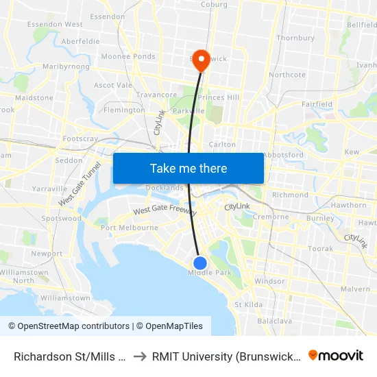 Richardson St/Mills St #135 to RMIT University (Brunswick Campus) map