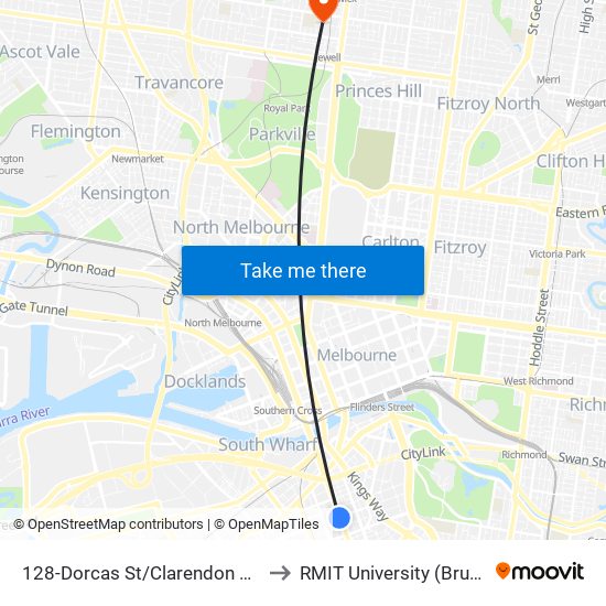 128-Dorcas St/Clarendon St (South Melbourne) to RMIT University (Brunswick Campus) map