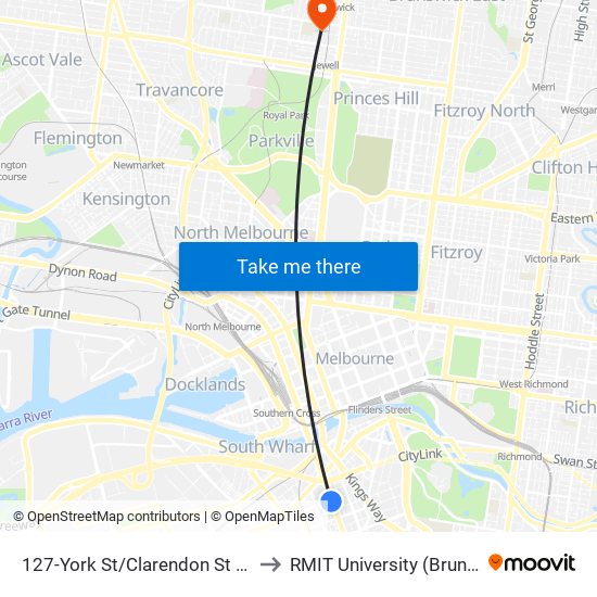 127-York St/Clarendon St (South Melbourne) to RMIT University (Brunswick Campus) map