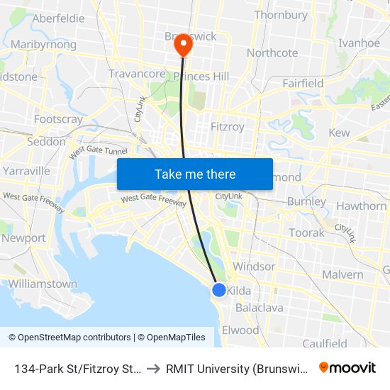 134-Park St/Fitzroy St (St Kilda) to RMIT University (Brunswick Campus) map