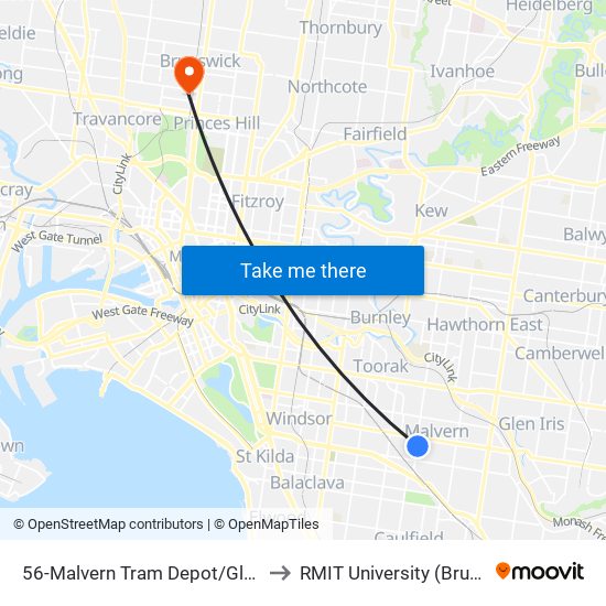 56-Malvern Tram Depot/Glenferrie Rd (Malvern) to RMIT University (Brunswick Campus) map