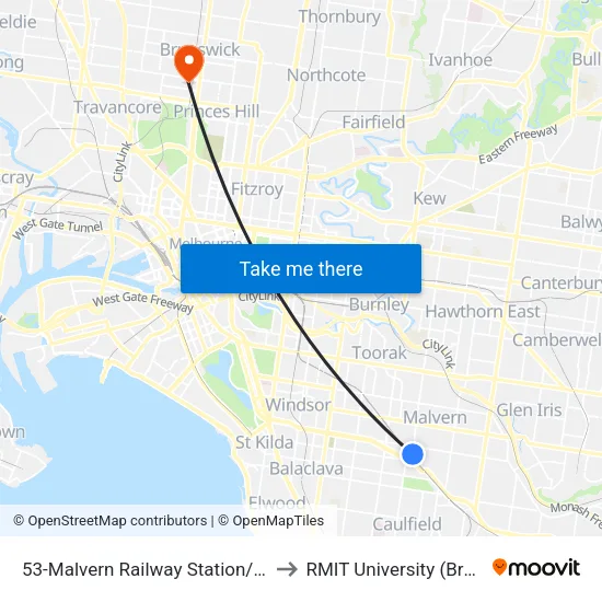 Malvern Railway Station/Glenferrie Rd #53 to RMIT University (Brunswick Campus) map