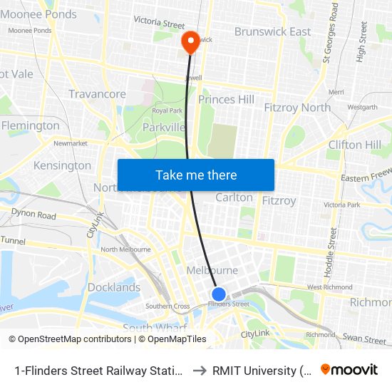 1-Flinders Street Railway Station/Elizabeth St (Melbourne City) to RMIT University (Brunswick Campus) map