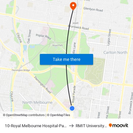 10-Royal Melbourne Hospital-Parkville Station/Royal Pde (Melbourne City) to RMIT University (Brunswick Campus) map