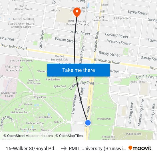 16-Walker St/Royal Pde (Parkville) to RMIT University (Brunswick Campus) map