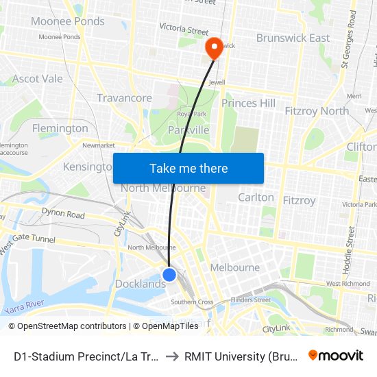 D1-Stadium Precinct/La Trobe St (Docklands) to RMIT University (Brunswick Campus) map