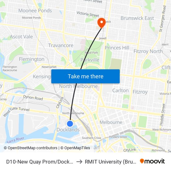 D10-New Quay Prom/Docklands Dr (Docklands) to RMIT University (Brunswick Campus) map