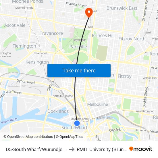 D5-South Wharf/Wurundjeri Way (Docklands) to RMIT University (Brunswick Campus) map