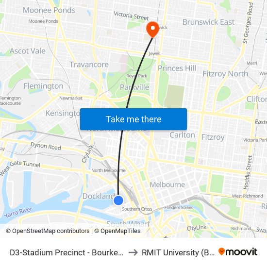 D3-Stadium Precinct - Bourke St/Harbour Esp (Docklands) to RMIT University (Brunswick Campus) map