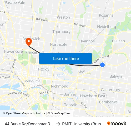 Burke Rd/Doncaster Rd #44 to RMIT University (Brunswick Campus) map