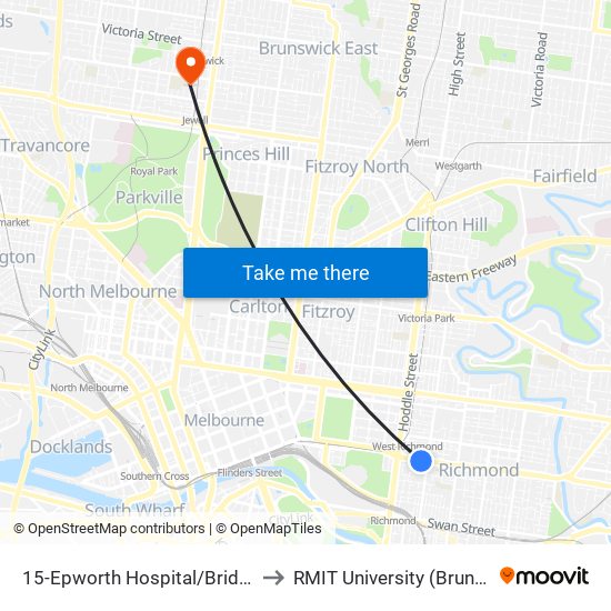 15-Epworth Hospital/Bridge Rd (Richmond) to RMIT University (Brunswick Campus) map