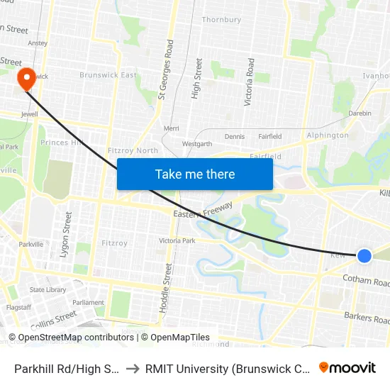 Parkhill Rd/High St #36 to RMIT University (Brunswick Campus) map