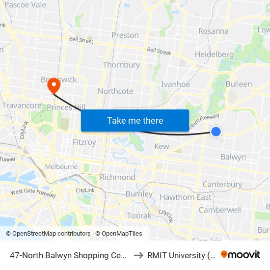 47-North Balwyn Shopping Centre/Doncaster Rd (Balwyn North) to RMIT University (Brunswick Campus) map