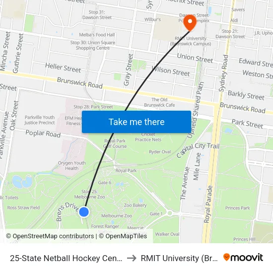 State Netball Hockey Centre/Royal Park #25 to RMIT University (Brunswick Campus) map