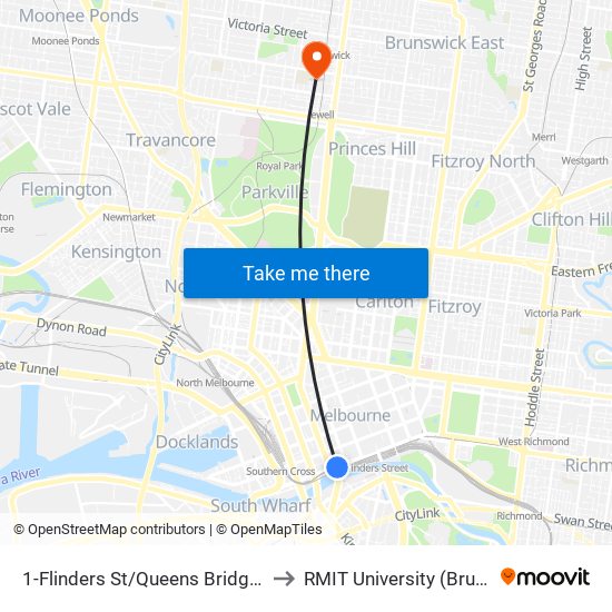 1-Flinders St/Queens Bridge St (Melbourne City) to RMIT University (Brunswick Campus) map