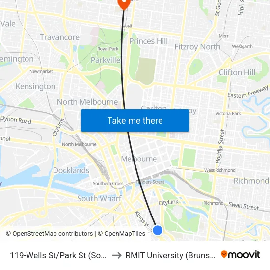 Wells St/Park St #119 to RMIT University (Brunswick Campus) map