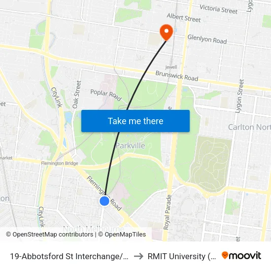 Abbotsford St Interchange/Abbotsford St #19 to RMIT University (Brunswick Campus) map