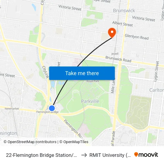 Flemington Bridge Station/Flemington Rd #22 to RMIT University (Brunswick Campus) map