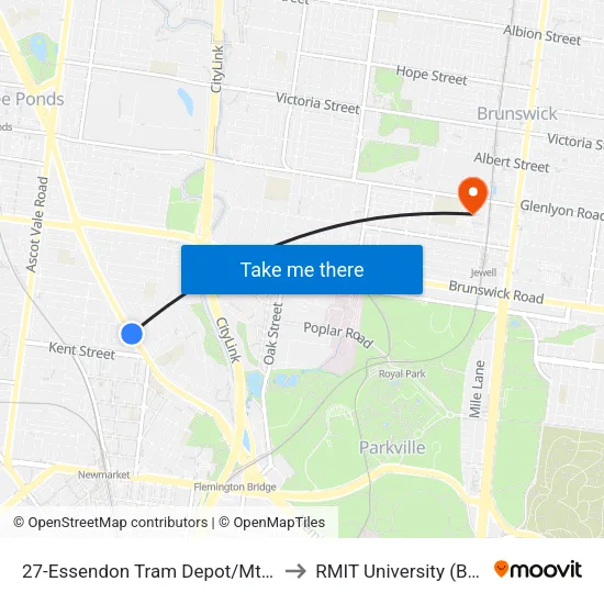 Essendon Tram Depot/Mt Alexander Rd #27 to RMIT University (Brunswick Campus) map