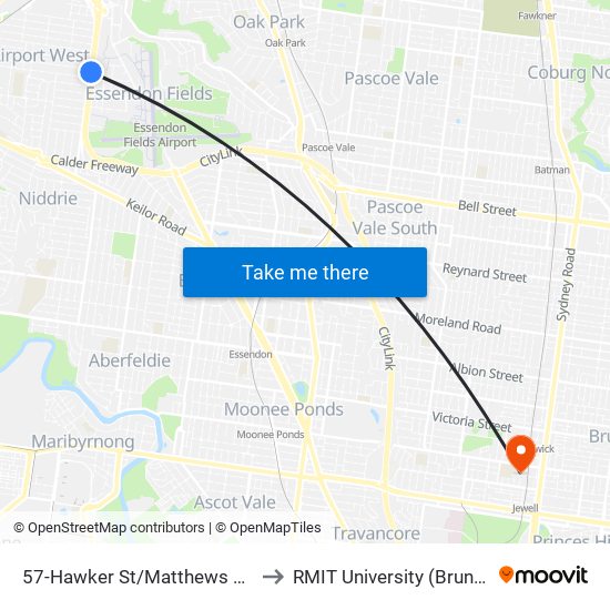 57-Hawker St/Matthews Ave (Airport West) to RMIT University (Brunswick Campus) map